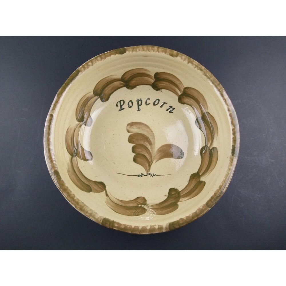 Brown Signed Pottery Popcorn Bowl Lancaster Pennsylvania Stamped Handmade Bujno
